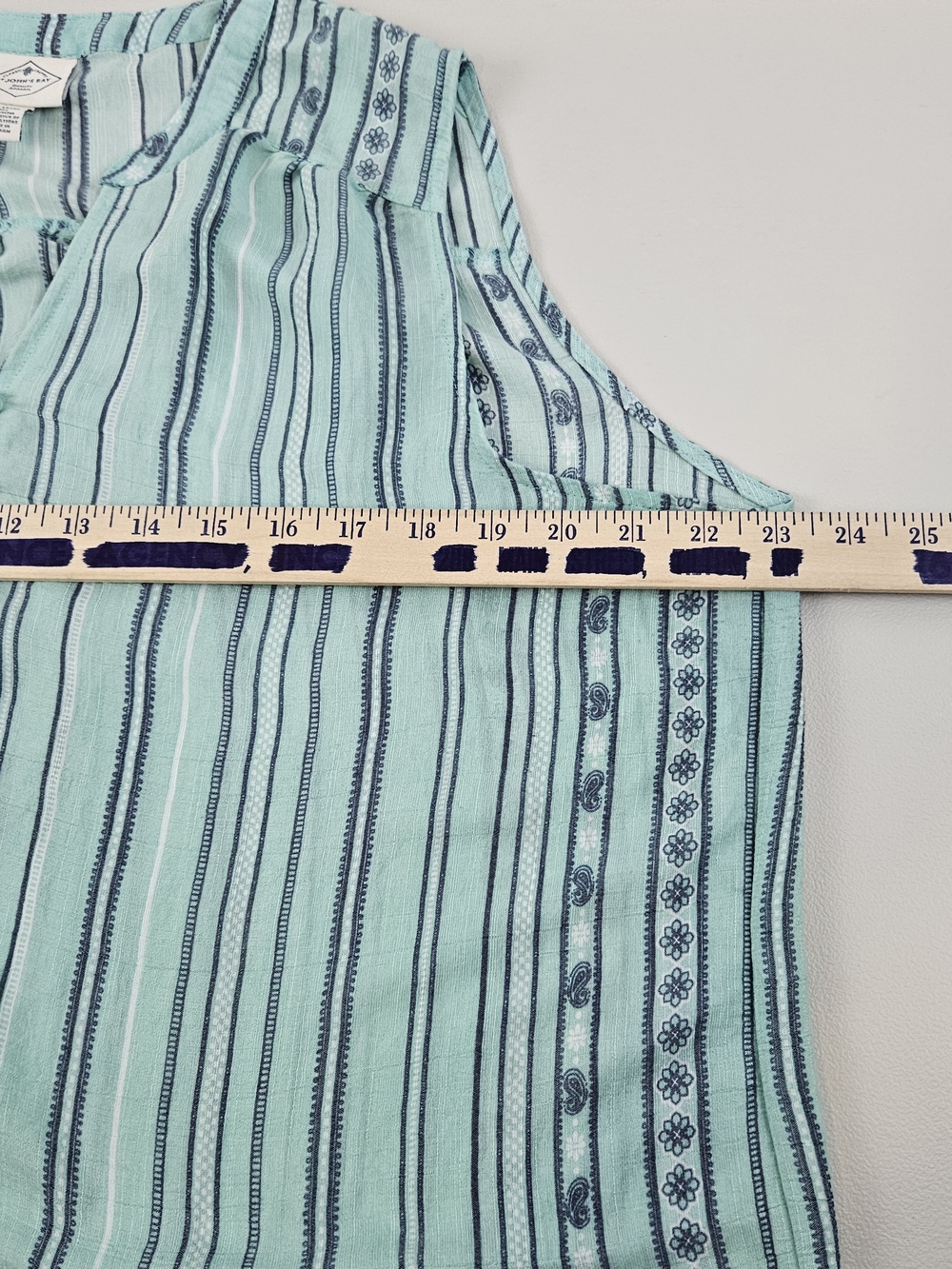 St. John's Bay XL Mint Green Sleeveless Henley Boho Top Stripe Floral Hem - Picture 10 of 16